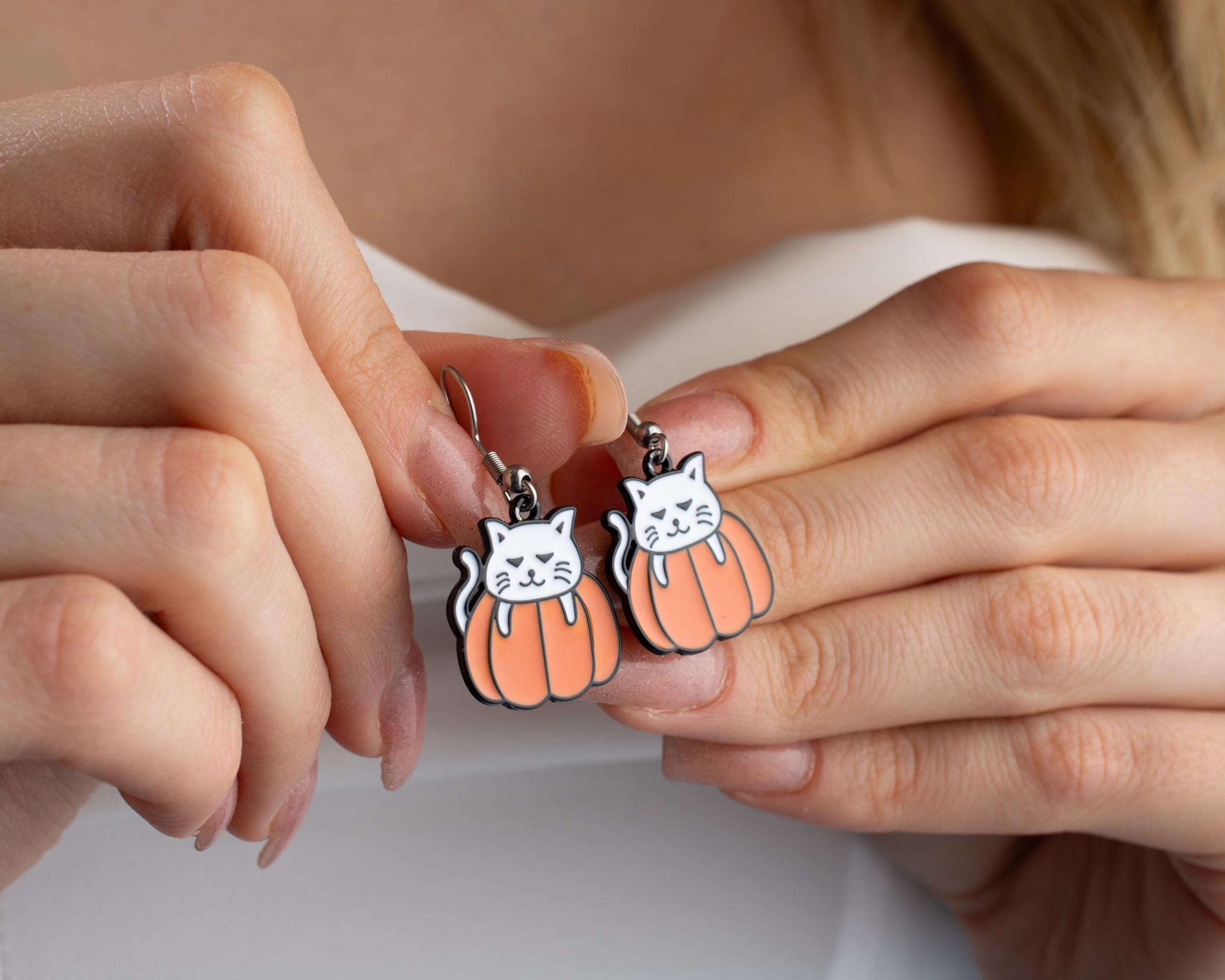 Cute Cat on Pumpkin Halloween Earrings