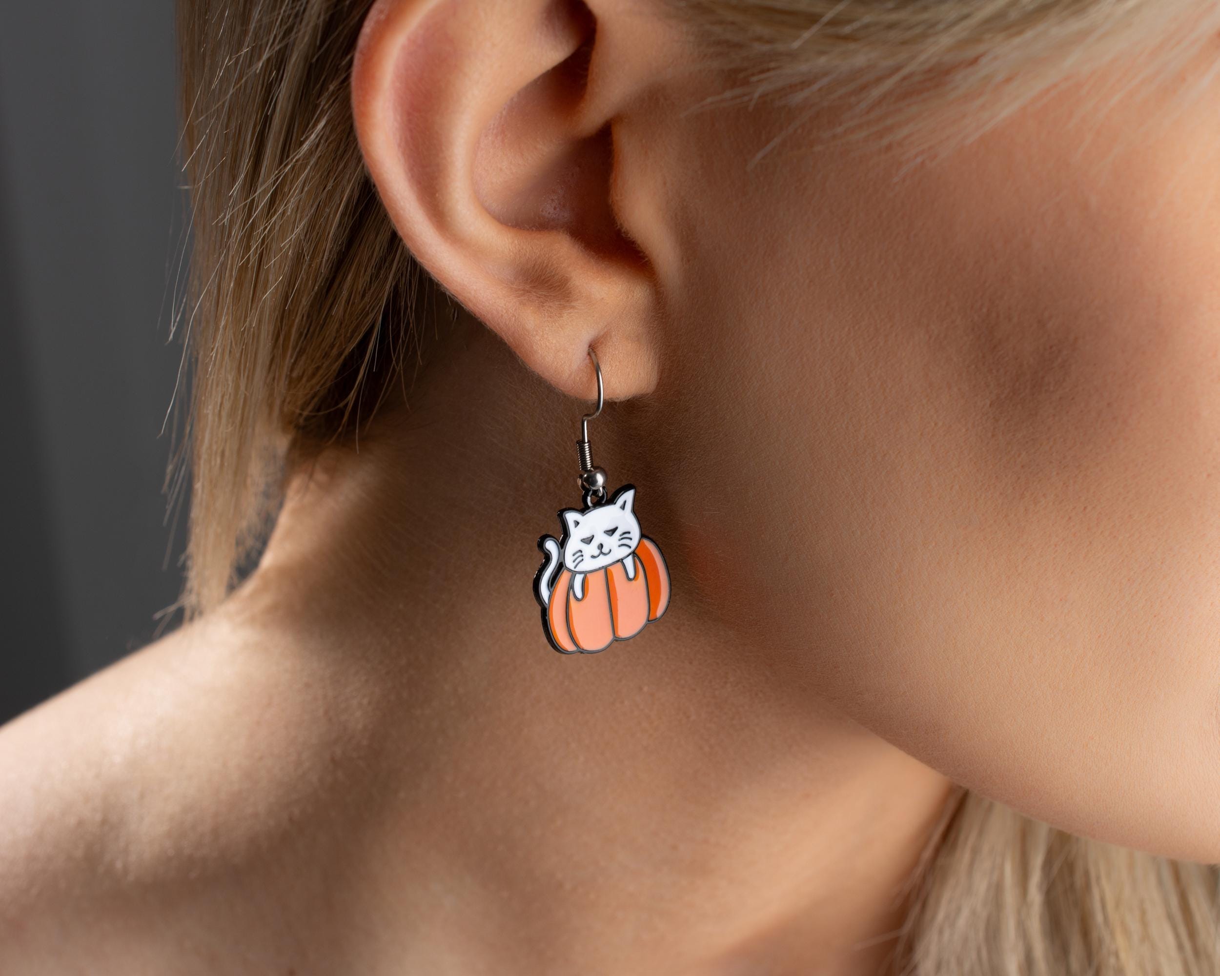 Cute Cat on Pumpkin Halloween Earrings