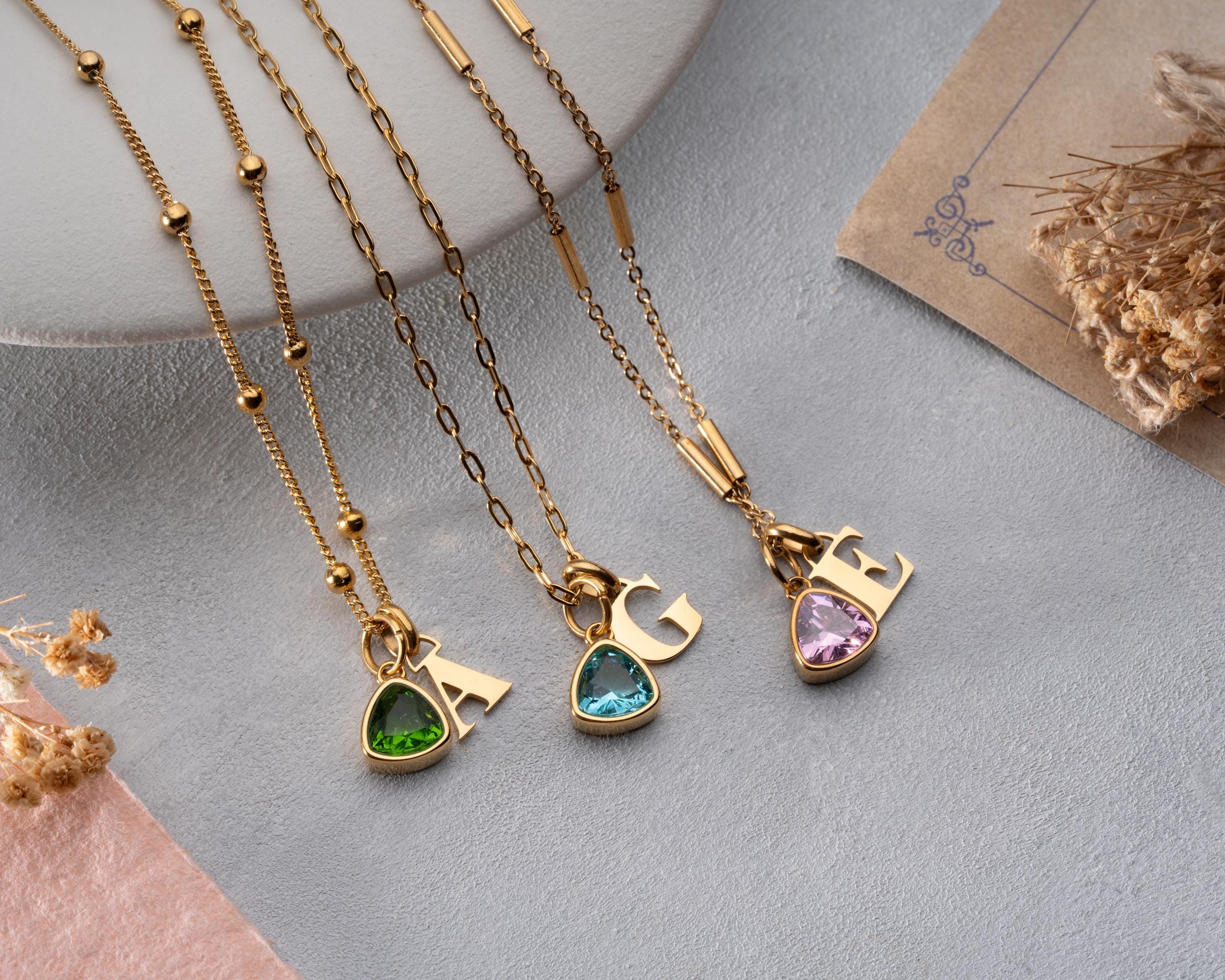 Triangle Birthstone & Initial Necklace