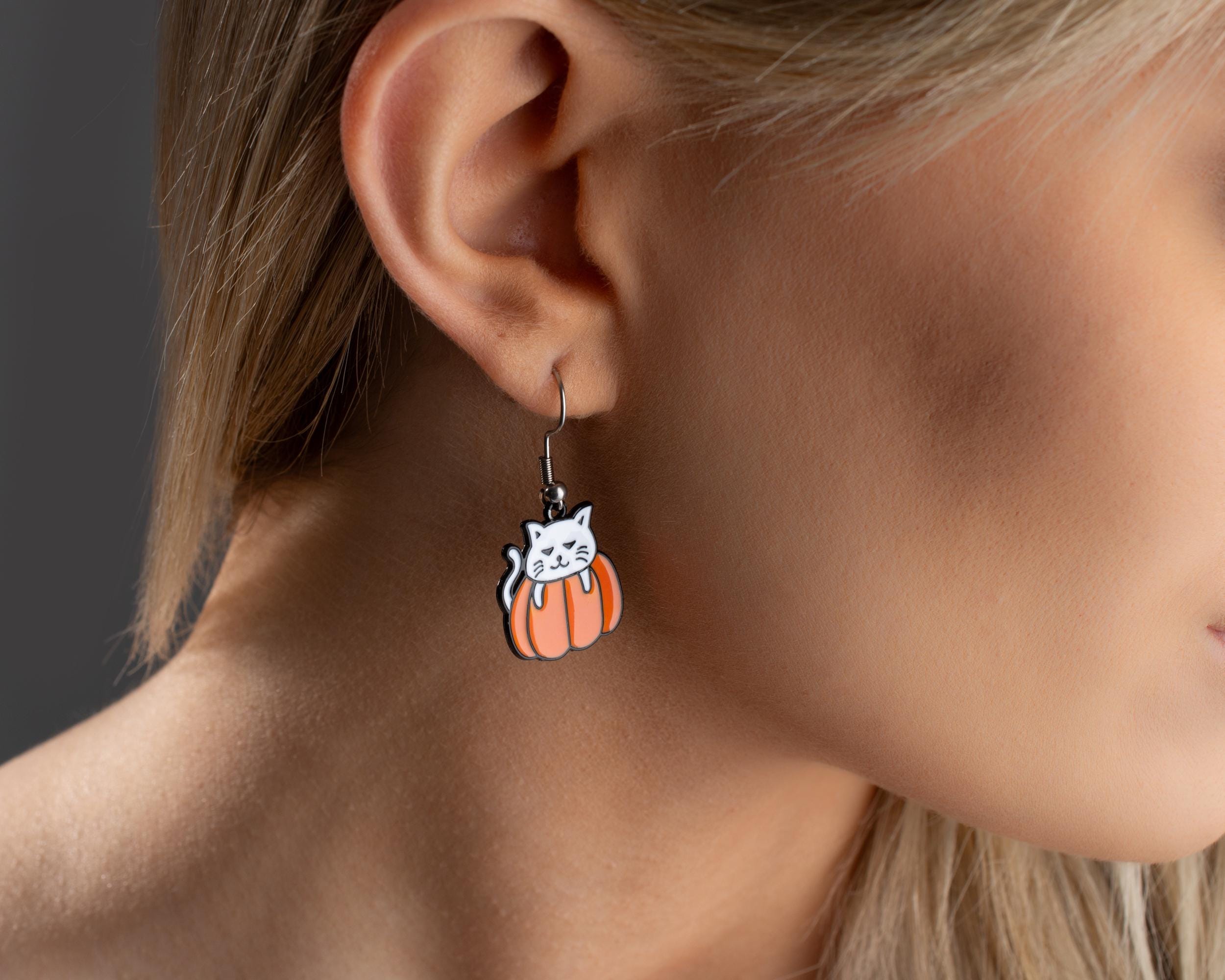 Cute Cat on Pumpkin Halloween Earrings