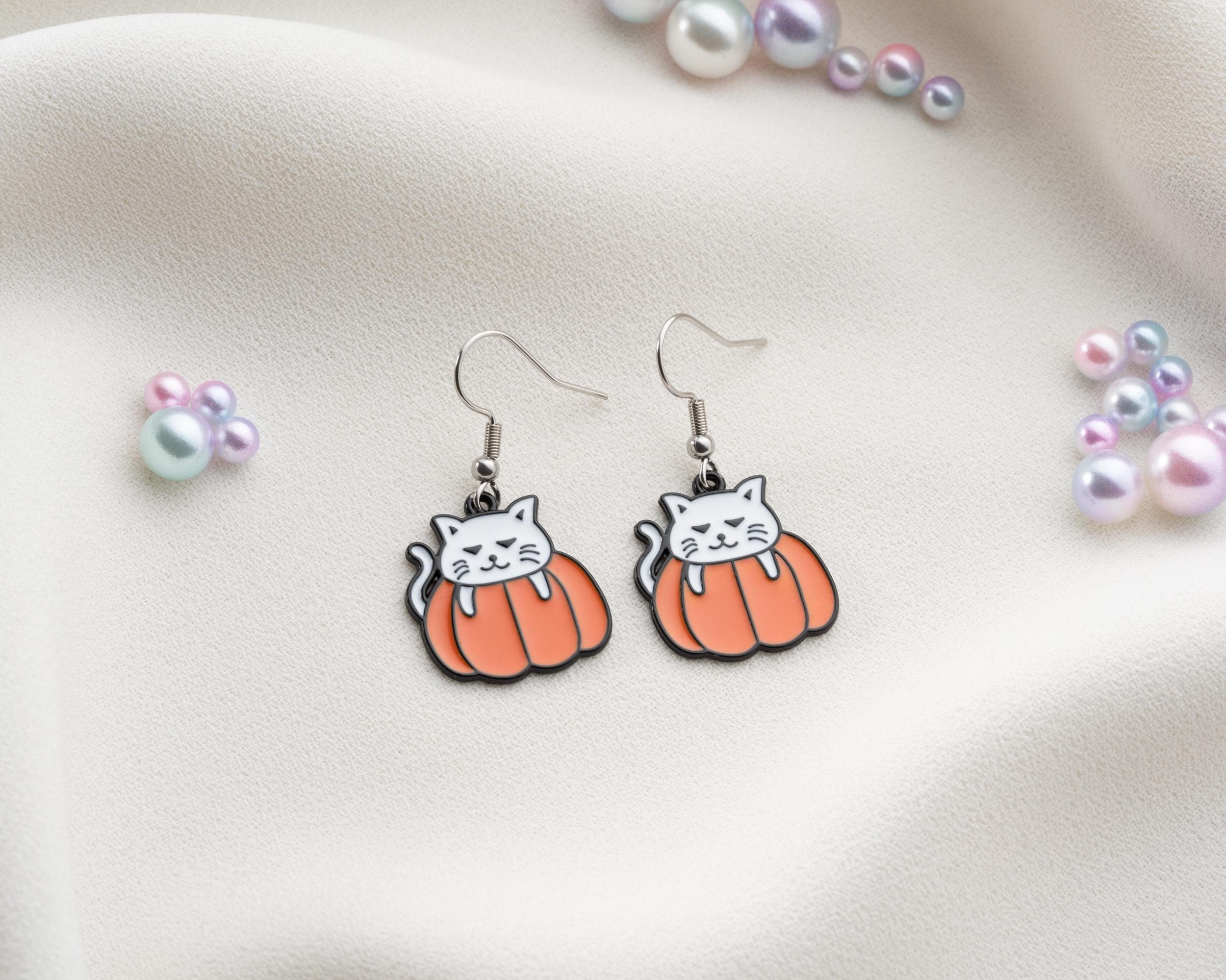 Cute Cat on Pumpkin Halloween Earrings