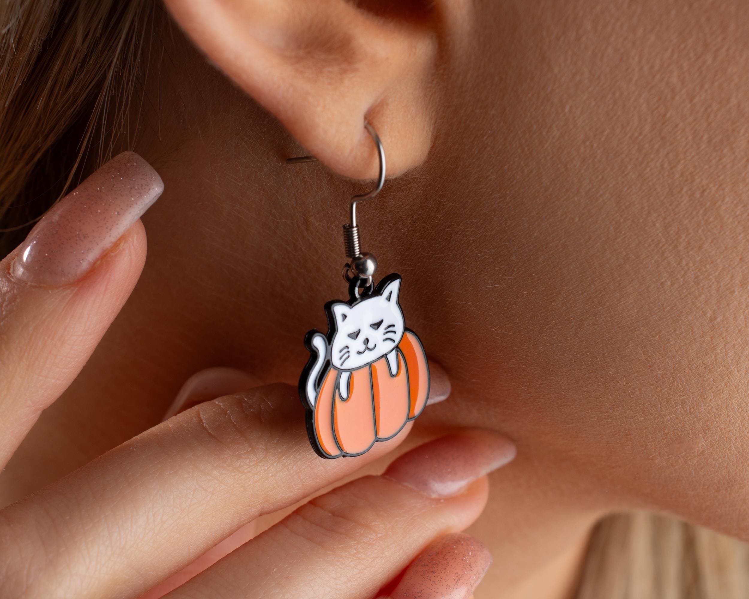 Cute Cat on Pumpkin Halloween Earrings