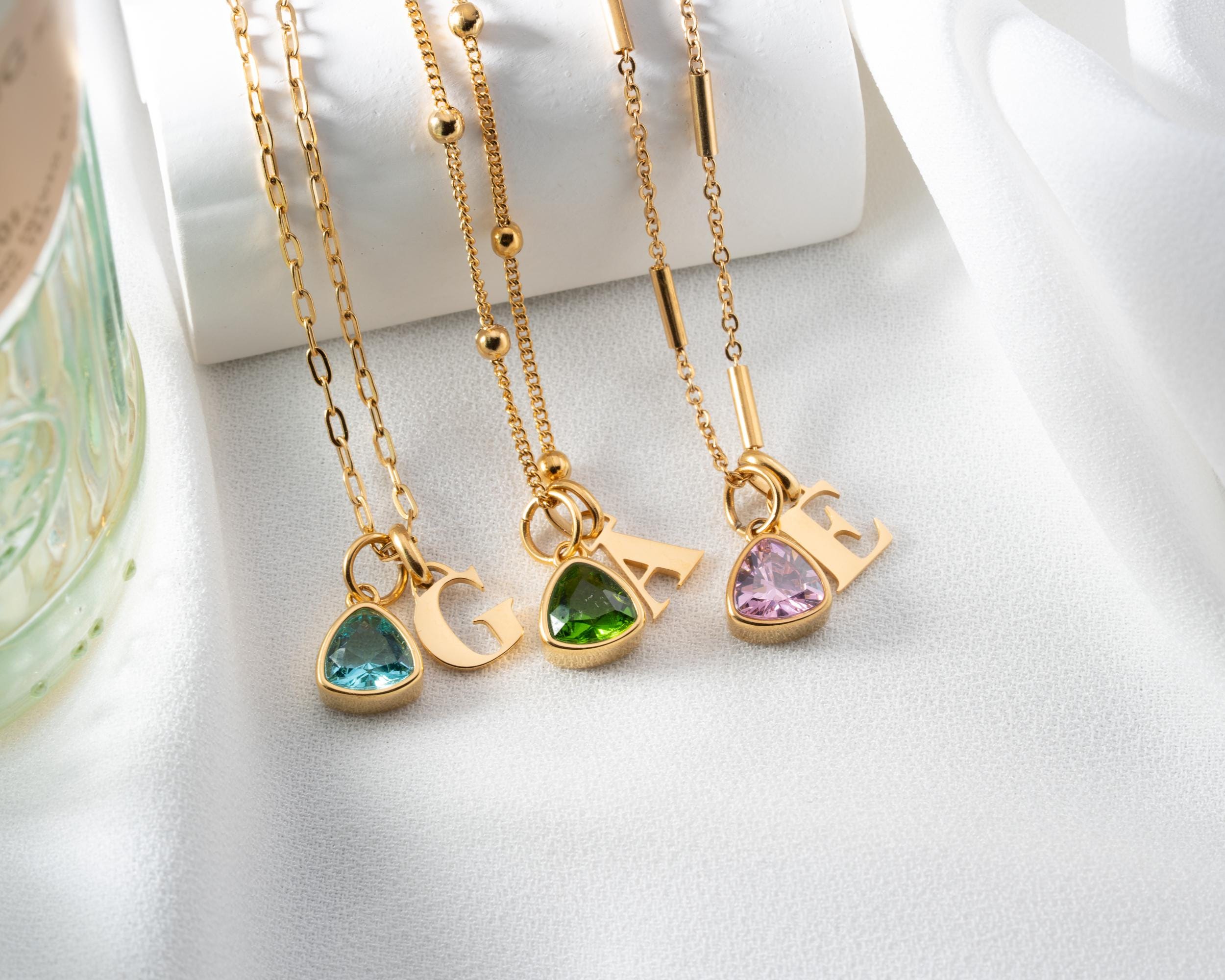 Triangle Birthstone & Initial Necklace