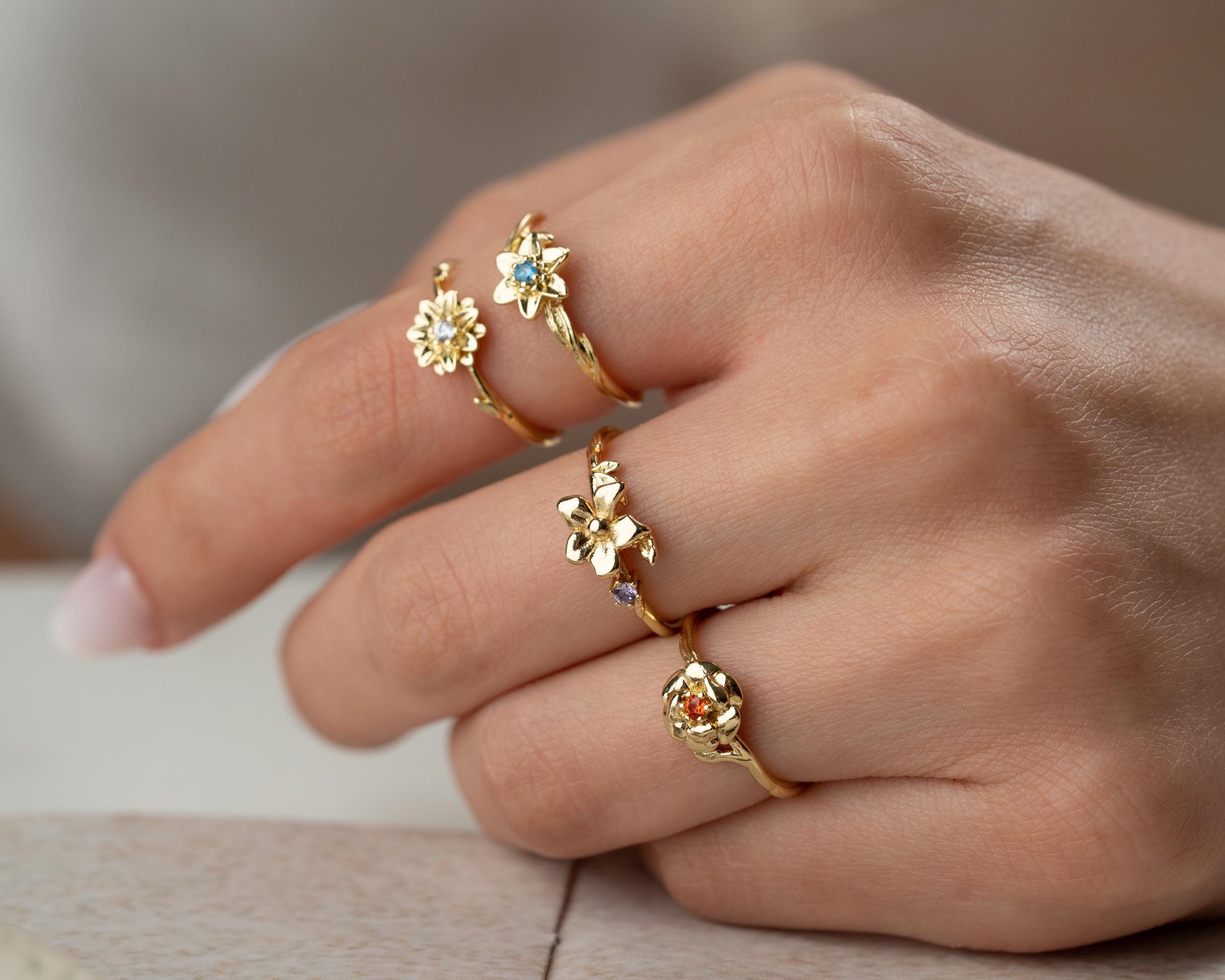 Birth Flower Ring with Birthstone